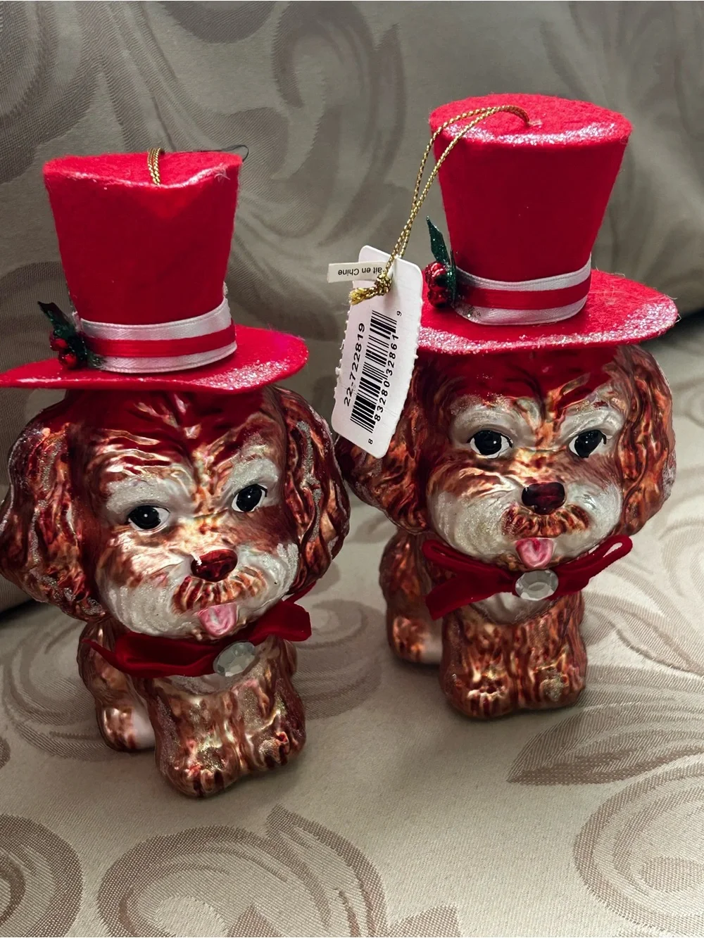 NWT Katherines Collection Christmas Ornaments Glass Puppy Dog Red Felt Hat Holly